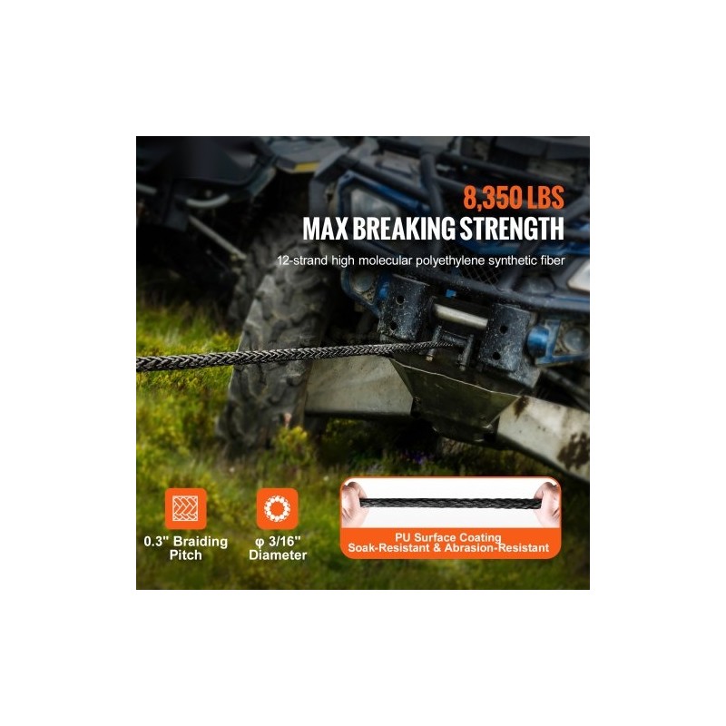 Synteettinen vinssiköysi 4,8 mm 15,2 m PU-päällystetty suojaholkilla taottu teräskoukku ATV UTV