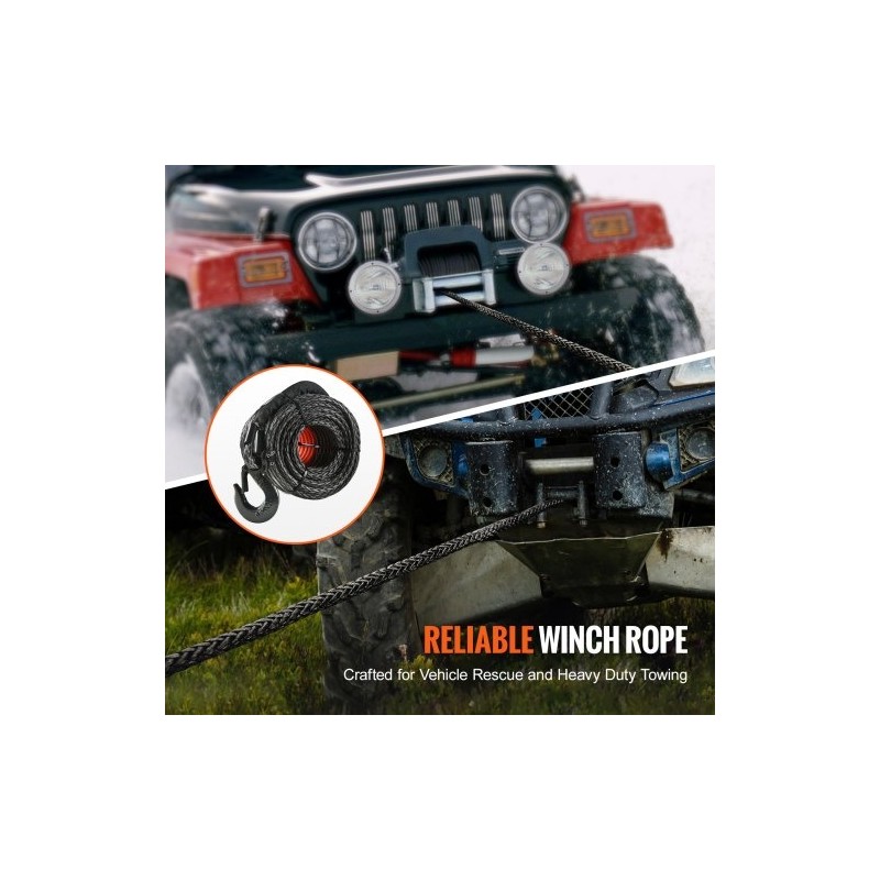 Synteettinen vinssiköysi 4,8 mm 15,2 m PU-päällystetty suojaholkilla taottu teräskoukku ATV UTV