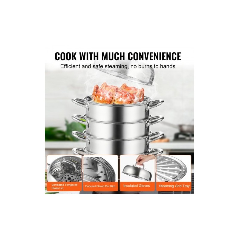 Höyrykattilasetti viisi kerrosta halkaisija 28 senttimetriä elintarvikelaatuisesta teräksestä lasikannella