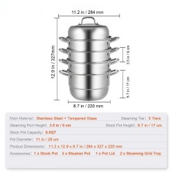 Höyrykattilasetti viisi kerrosta halkaisija 28 senttimetriä elintarvikelaatuisesta teräksestä lasikannella