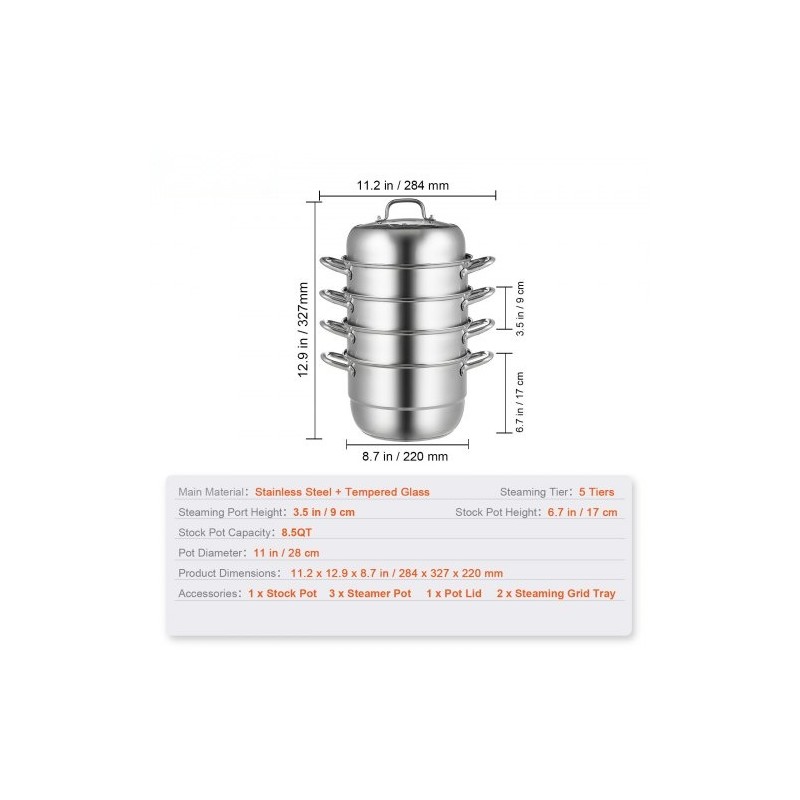 Höyrykattilasetti viisi kerrosta halkaisija 28 senttimetriä elintarvikelaatuisesta teräksestä lasikannella