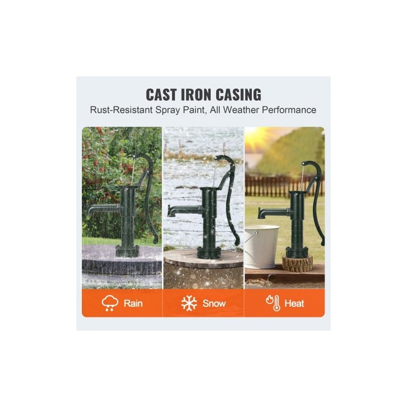 Käsikäyttöinen valurautainen kaivopumppu vihreä mäntätoiminen seitsemän metrin nostokorkeus kuusikymmentäviisi senttimetriä