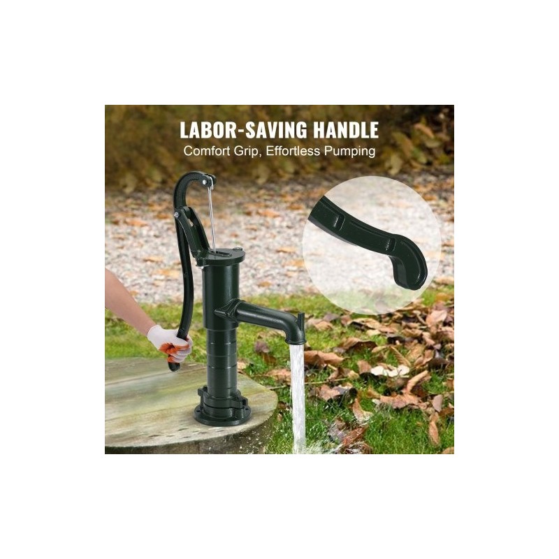 Käsikäyttöinen valurautainen kaivopumppu vihreä mäntätoiminen seitsemän metrin nostokorkeus kuusikymmentäviisi senttimetriä