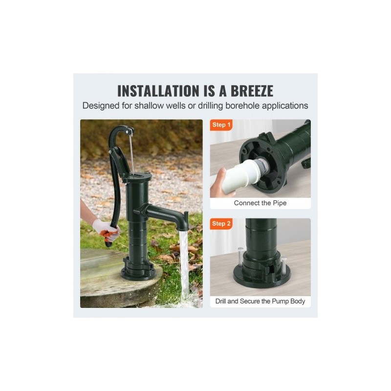 Käsikäyttöinen valurautainen kaivopumppu vihreä mäntätoiminen seitsemän metrin nostokorkeus kuusikymmentäviisi senttimetriä