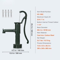 Käsikäyttöinen valurautainen kaivopumppu vihreä mäntätoiminen seitsemän metrin nostokorkeus kuusikymmentäviisi senttimetriä