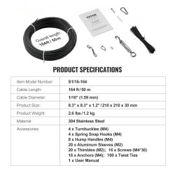304-ruostumaton teräsvaijeri PVC-pinnoitettu 1,59 mm 7x7 50 m musta