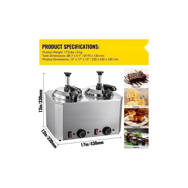 Juusto- ja kastikelämmitin ruostumatonta terästä kaksi 2,3 l säiliötä kaksi pumppua