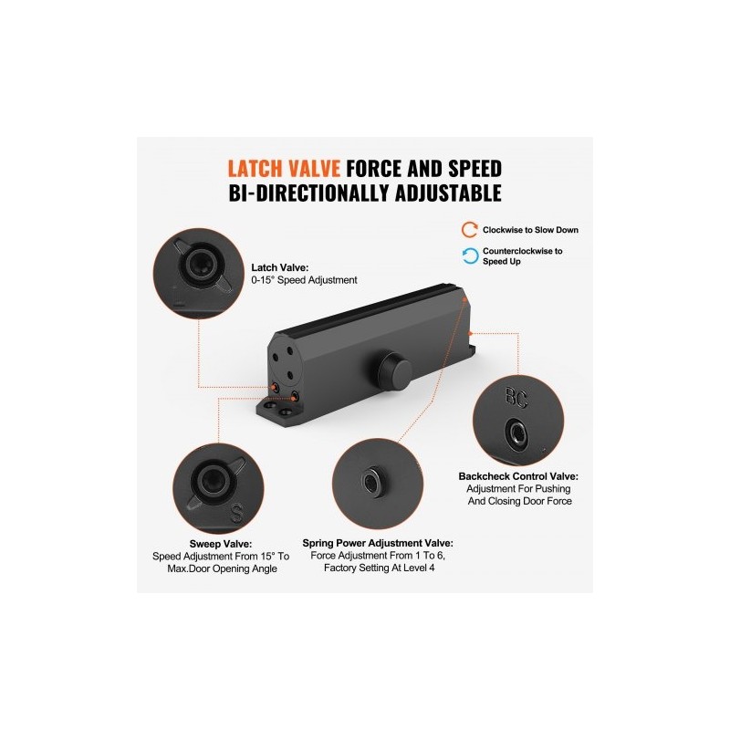 Hydraulinen oven suljin valualumiinirunko 120 kg säädettävä musta