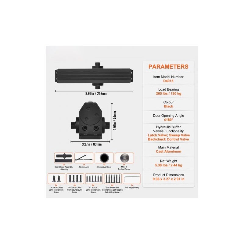 Hydraulinen oven suljin valualumiinirunko 120 kg säädettävä musta
