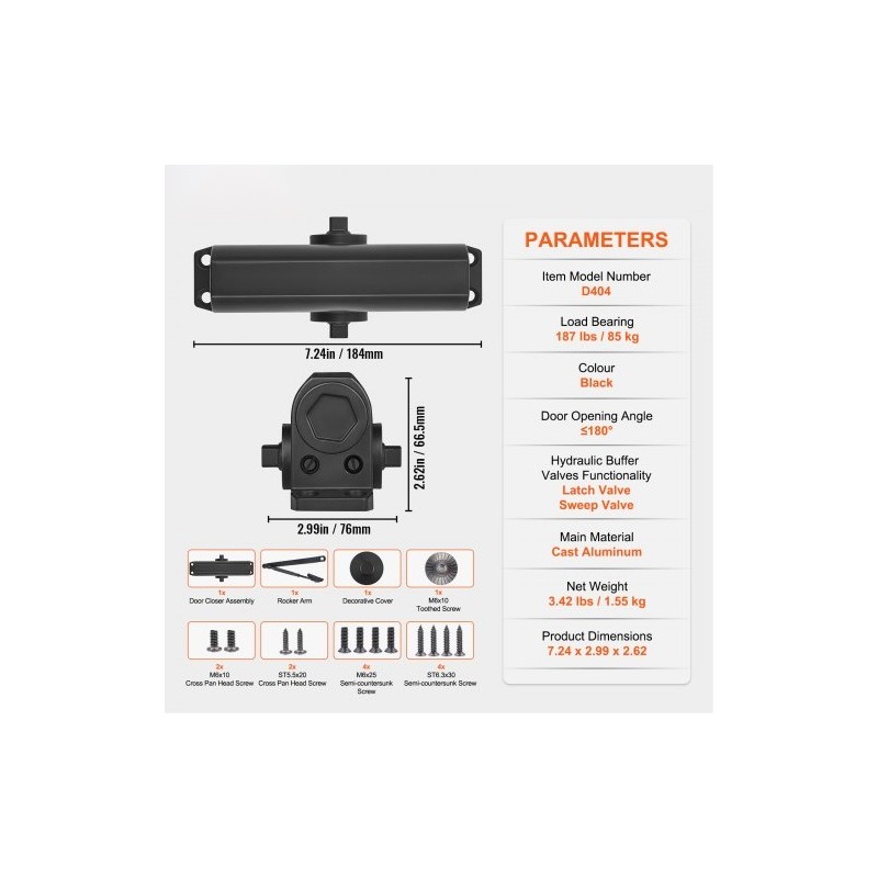 Hydraulinen oven suljin valualumiinirunko 85 kg kantavuus säädettävä sulkeutumisnopeus musta