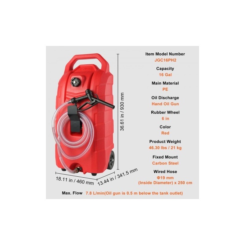 Polttoainesäiliö 60 litraa PE-muovinen painovoimalla toimiva purku 6-tuumaiset kumipyörät