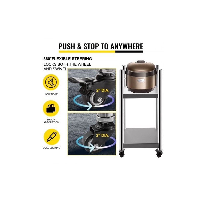 Riisinlämmittimen jalusta ruostumatonta terästä 35,6 x 35,6 cm pyörillä ja kahdella hyllyllä