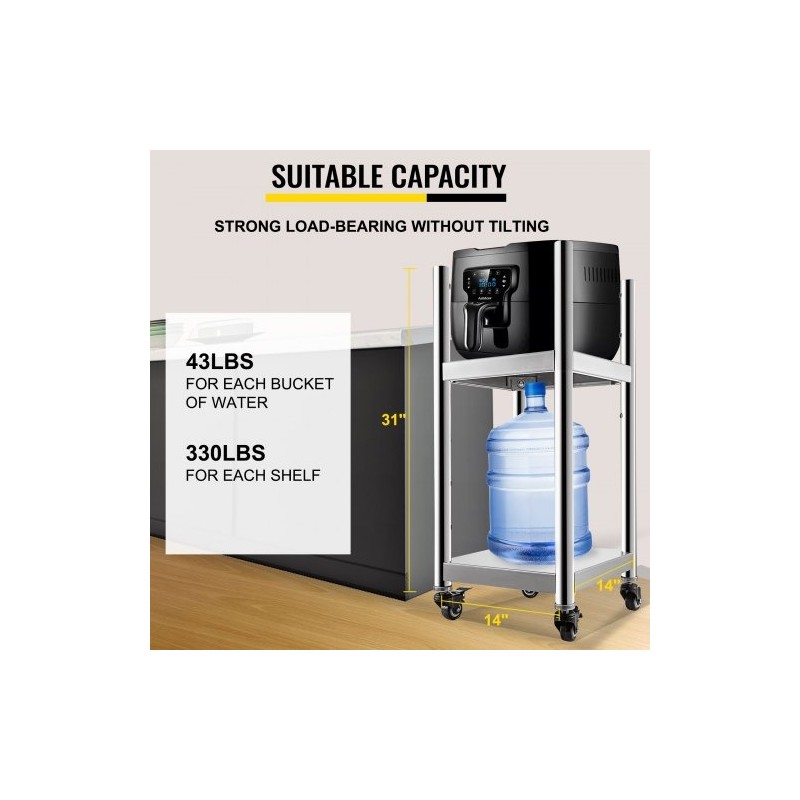 Riisinlämmittimen jalusta ruostumatonta terästä 35,6 x 35,6 cm pyörillä ja kahdella hyllyllä