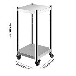 Riisinlämmittimen jalusta ruostumatonta terästä 35,6 x 35,6 cm pyörillä ja kahdella hyllyllä
