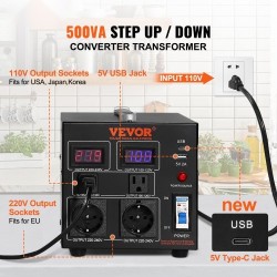 Jännitemuuntaja 500VA kaksisuuntainen 110V 220V 2 amerikkalaista ja 2 eurooppalaista pistorasiaa