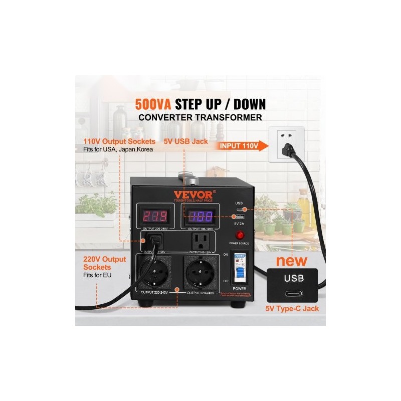 Jännitemuuntaja 500VA kaksisuuntainen 110V 220V 2 amerikkalaista ja 2 eurooppalaista pistorasiaa