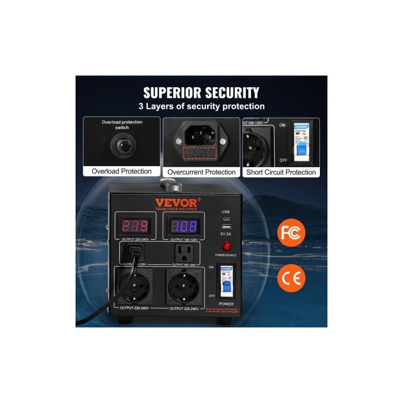 Jännitemuuntaja 500VA kaksisuuntainen 110V 220V 2 amerikkalaista ja 2 eurooppalaista pistorasiaa