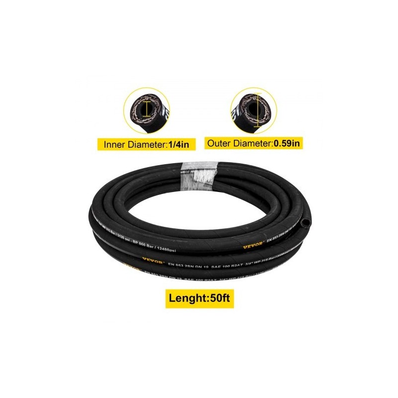 Hydrauliletku synteettisestä kumista 1/4 tuumaa 15,2 m 5800 PSI 2 teräslankapunosta hydrauliikkakäyttöön