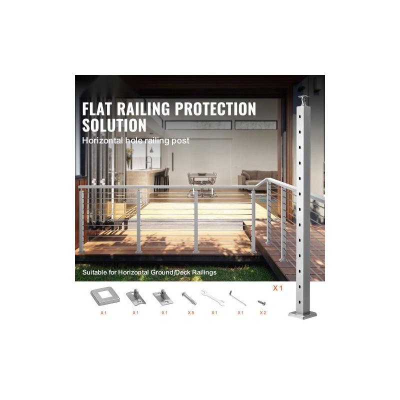 Vaakareikäinen kaapeli-kaidetolppa ruostumaton teräs 107,7 cm 5,1×5,1 cm hopea