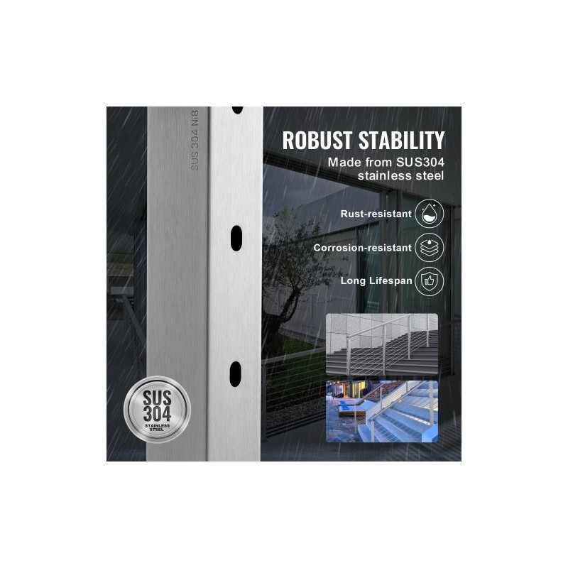 Vaakareikäinen kaapeli-kaidetolppa ruostumaton teräs 107,7 cm 5,1×5,1 cm hopea