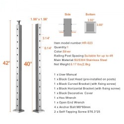 Vaakareikäinen kaapeli-kaidetolppa ruostumaton teräs 107,7 cm 5,1×5,1 cm hopea