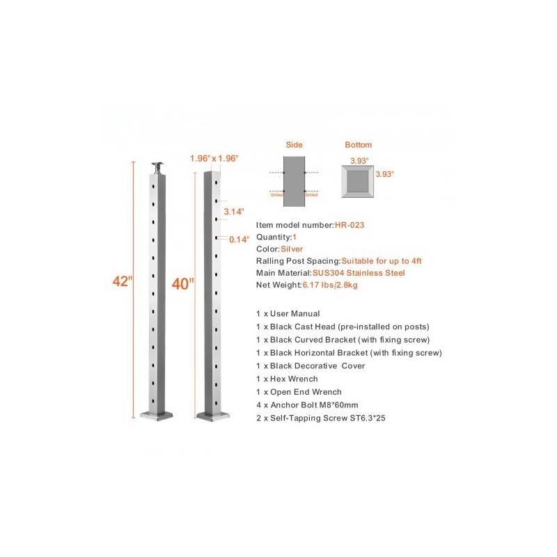 Vaakareikäinen kaapeli-kaidetolppa ruostumaton teräs 107,7 cm 5,1×5,1 cm hopea
