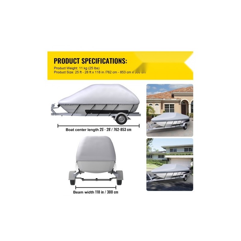 Venepeite 210D polyesteri PVC-pinnoitteella 25–28 jalan V-runkoveneille enintään 118 tuumaa 5 kiinnityshihnaa