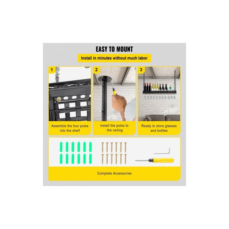 Kattoon asennettava viini- ja lasiteline säädettävä 48–91 senttimetriä kantokyky 15 kilogrammaa