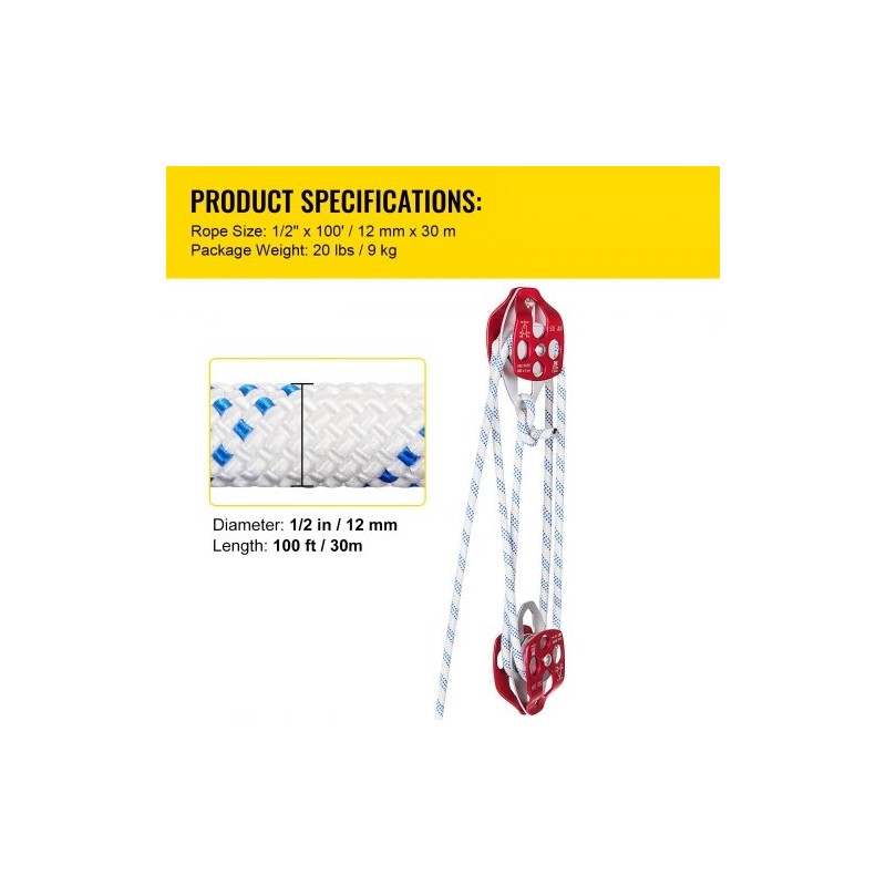 Kaksoisvetopyörä taljasarja taottu alumiini polyesteriköysi 12 mm 30 m 35 kN