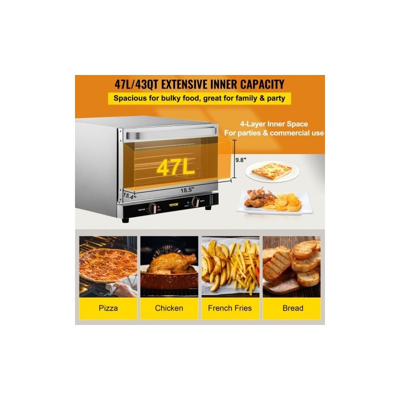 Kiertolämpöuuni 47 l 1600 W ruostumatonta terästä työtasolle 4 tasoa