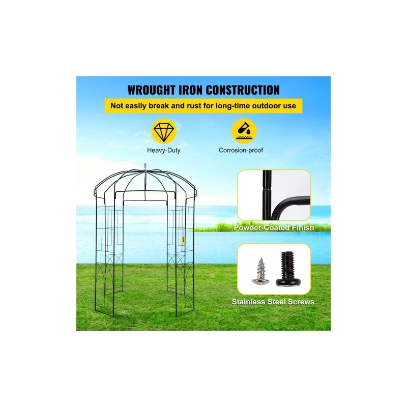 Teräksinen lintuhäkin muotoinen huvimaja korkeus 2,4 metriä leveys 2 metriä