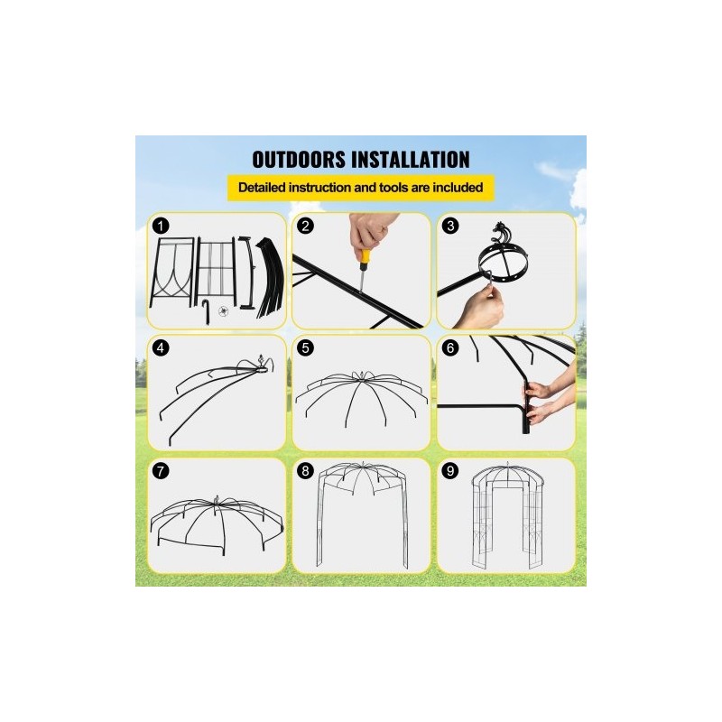 Teräksinen lintuhäkin muotoinen huvimaja korkeus 2,4 metriä leveys 2 metriä