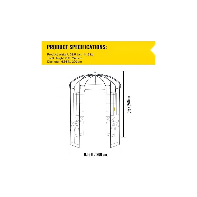 Teräksinen lintuhäkin muotoinen huvimaja korkeus 2,4 metriä leveys 2 metriä