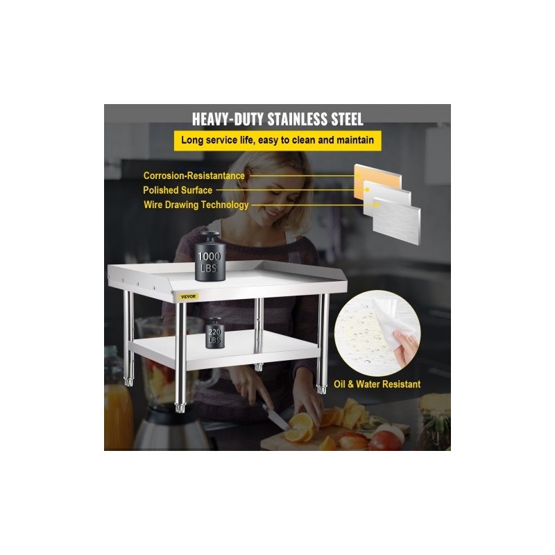 Kaksitasoinen ruostumaton teräs työpöytä ja laitealusta 152x76x61 cm säädettävällä alahyllyllä