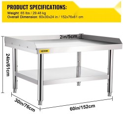 Kaksitasoinen ruostumaton teräs työpöytä ja laitealusta 152x76x61 cm säädettävällä alahyllyllä