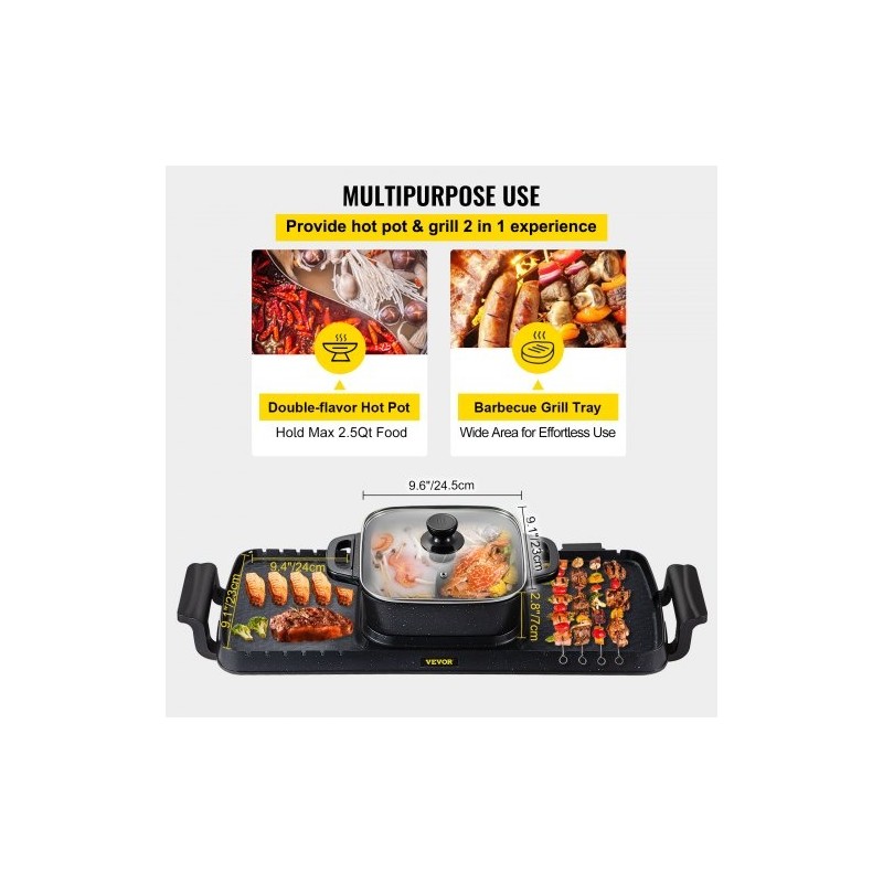 Sähkögrilli ja keittopata valettu alumiini tarttumaton 2,8 l 2400W kaksinkertainen säätö