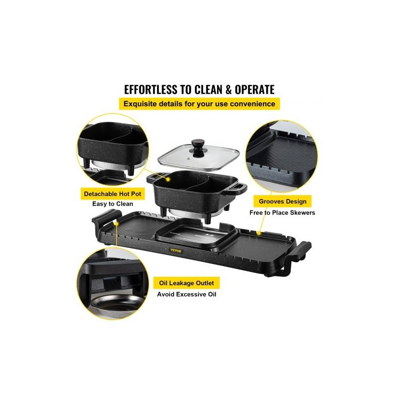 Sähkögrilli ja keittopata valettu alumiini tarttumaton 2,8 l 2400W kaksinkertainen säätö