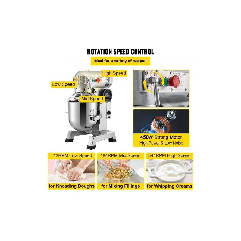 Yleiskone 10Qt 304-ruostumaton teräskulho 450W 3 nopeutta ajastin