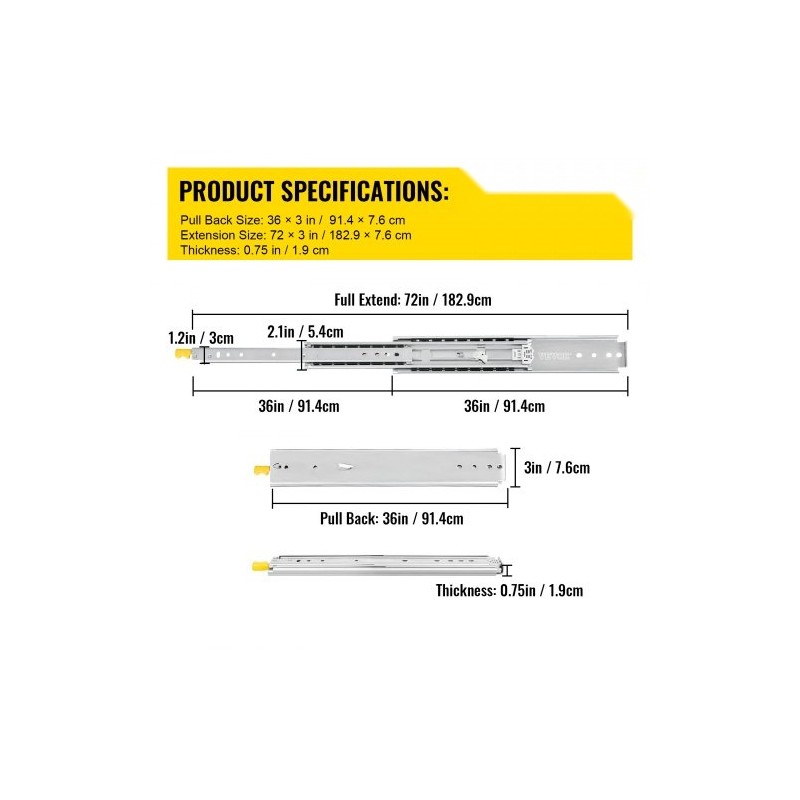 Laatikkokiskot kylmävalssattu sinkitty teräs 91,4cm 3-osaiset täysi ulosveto 227kg pari lukituksella