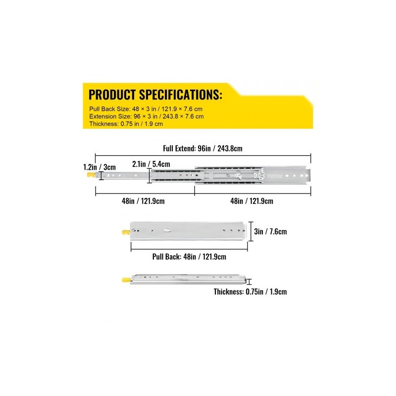 Teräksiset laatikkokiskot 121,9 cm 2 kpl 227 kg kolmiosainen täysulosveto