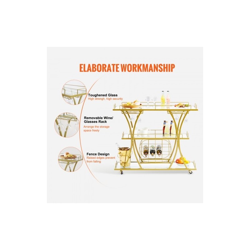 Kolmitasoinen kullanvärinen teräsrunkoinen baarikärry karkaistuilla lasihyllyillä ja lukittavilla pyörillä