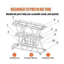 Kolmitasoinen kullanvärinen teräsrunkoinen baarikärry karkaistuilla lasihyllyillä ja lukittavilla pyörillä