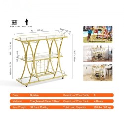 Kolmitasoinen kullanvärinen teräsrunkoinen baarikärry karkaistuilla lasihyllyillä ja lukittavilla pyörillä