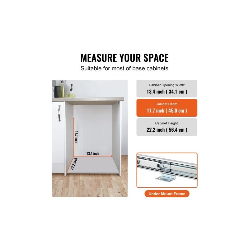 Ulosvedettävä jäteastia-alusta rautarunko 312x410x540 mm alakaappiin kantavuus 16 kg sileät liukukiskot