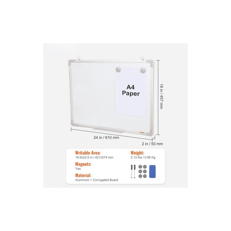 Magnettinen valkotaulu alumiinikehyksellä 457 x 610 mm mukana pyyhin ja 2 tussia