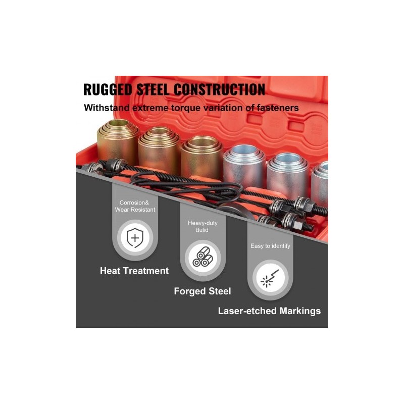 26-osainen holkki- ja vetopulttisarja 45-terästä puslien, laakereiden ja tiivisteiden asennukseen autoihin