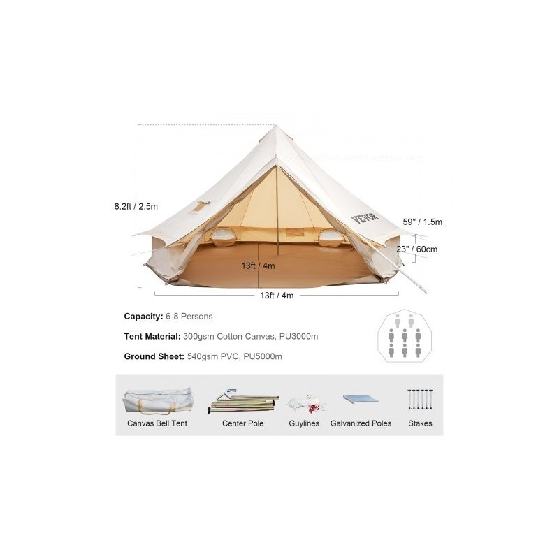 300gsm puuvillacanvas kupoliteltta 4 m 5–8 hengelle 540gsm PVC-lattia