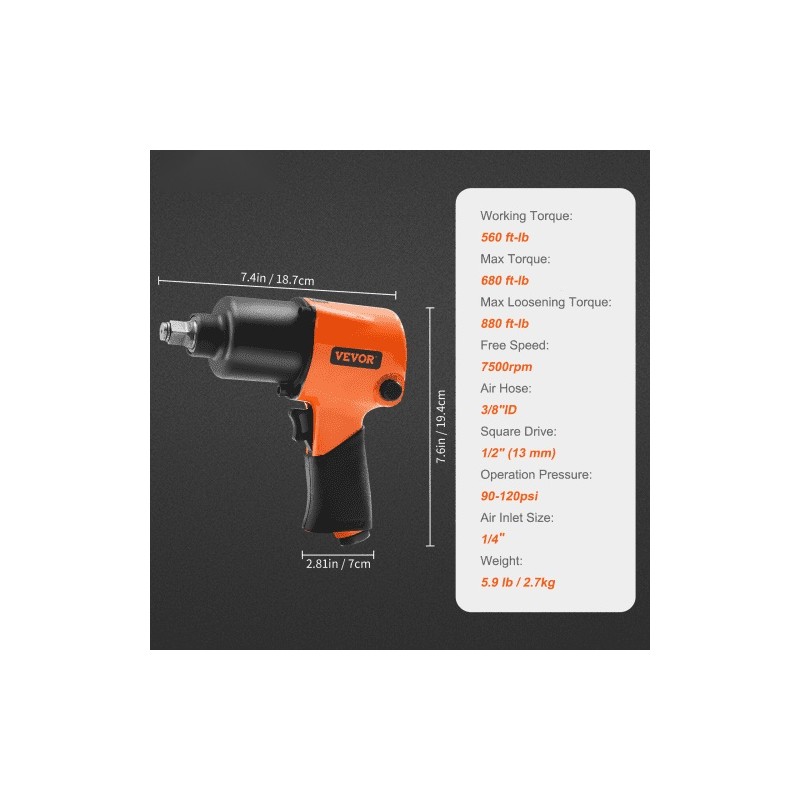 Paineilmakäyttöinen iskumutterinväännin puoli tuuman neliökiinnitys alumiinirunkoinen kevyt ja ergonominen autohuoltoon