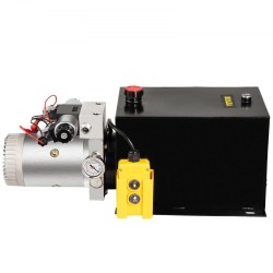Kaksitoiminen hydrauliyksikkö metallisella 11,4 l säiliöllä 12 V moottorilla painemittarilla