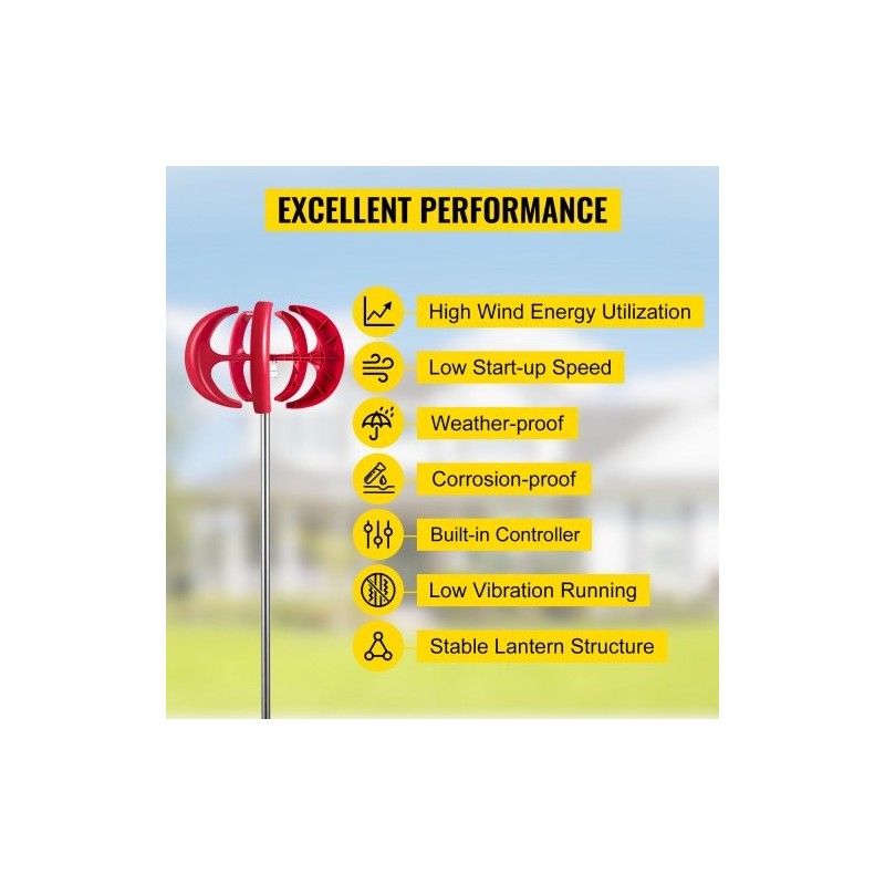 Pystysuuntainen lyhtymallinen tuuliturbiini 12 volttia 400 wattia 5 nailonkuitulavaa lataussäätimellä punainen